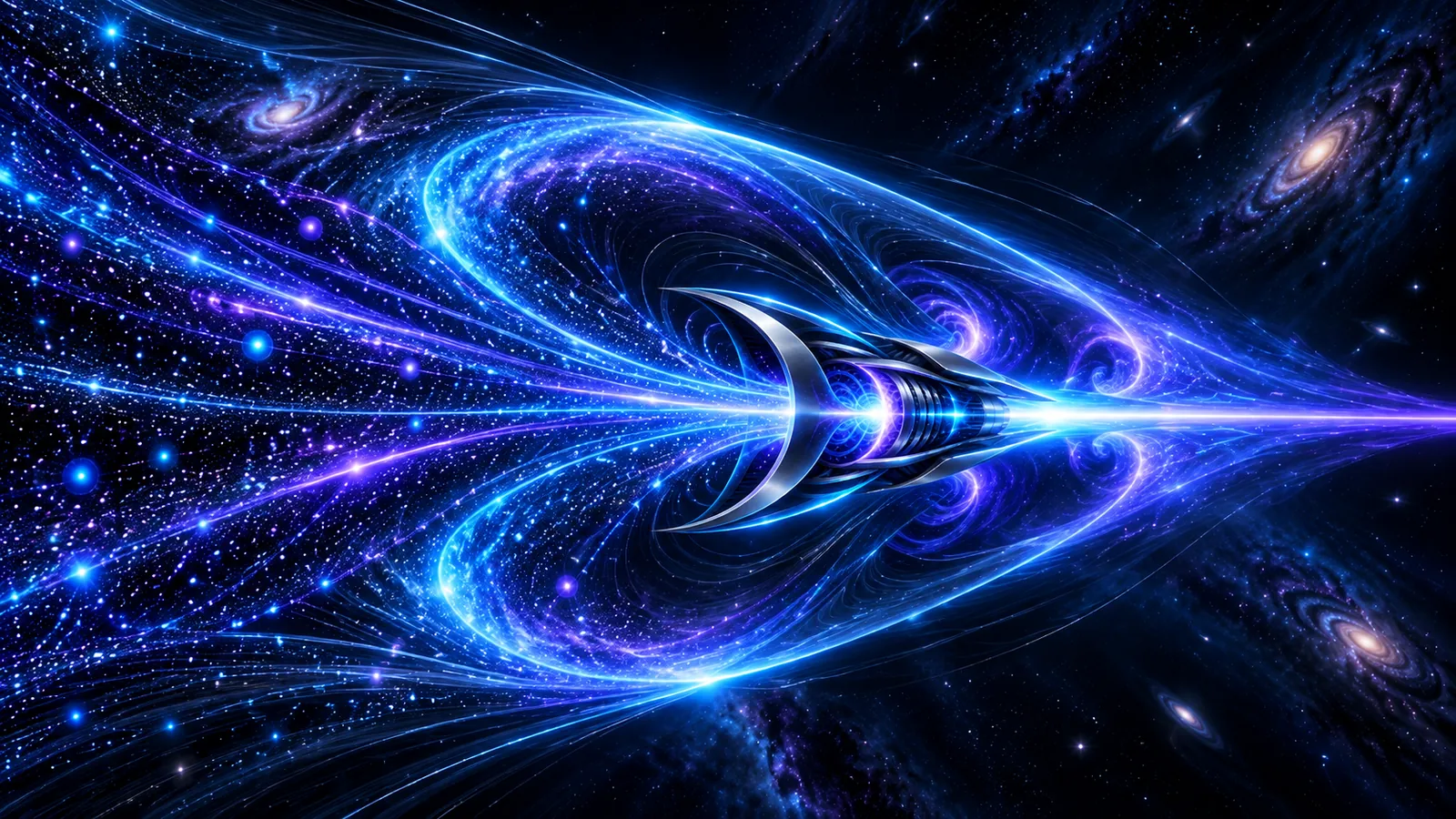 Stylized particle-flow envelope surrounding a hypothetical ramjet with a wide intake and concentrated exhaust.