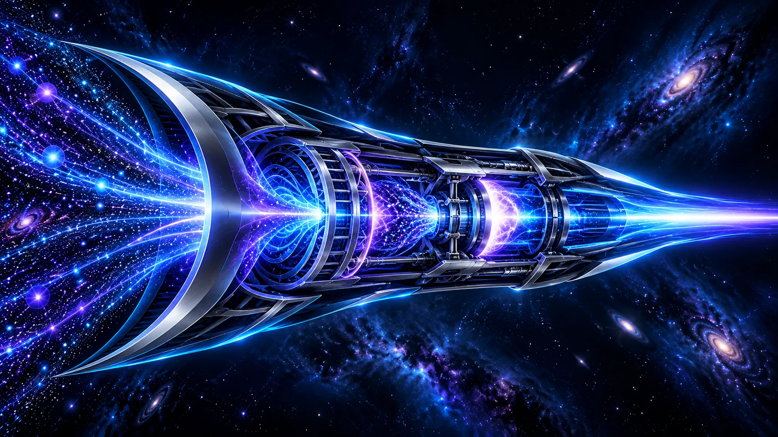 Cutaway-style concept artwork of a ramjet with an intake scoop, concentric processing stages, luminous reactor and nozzle.