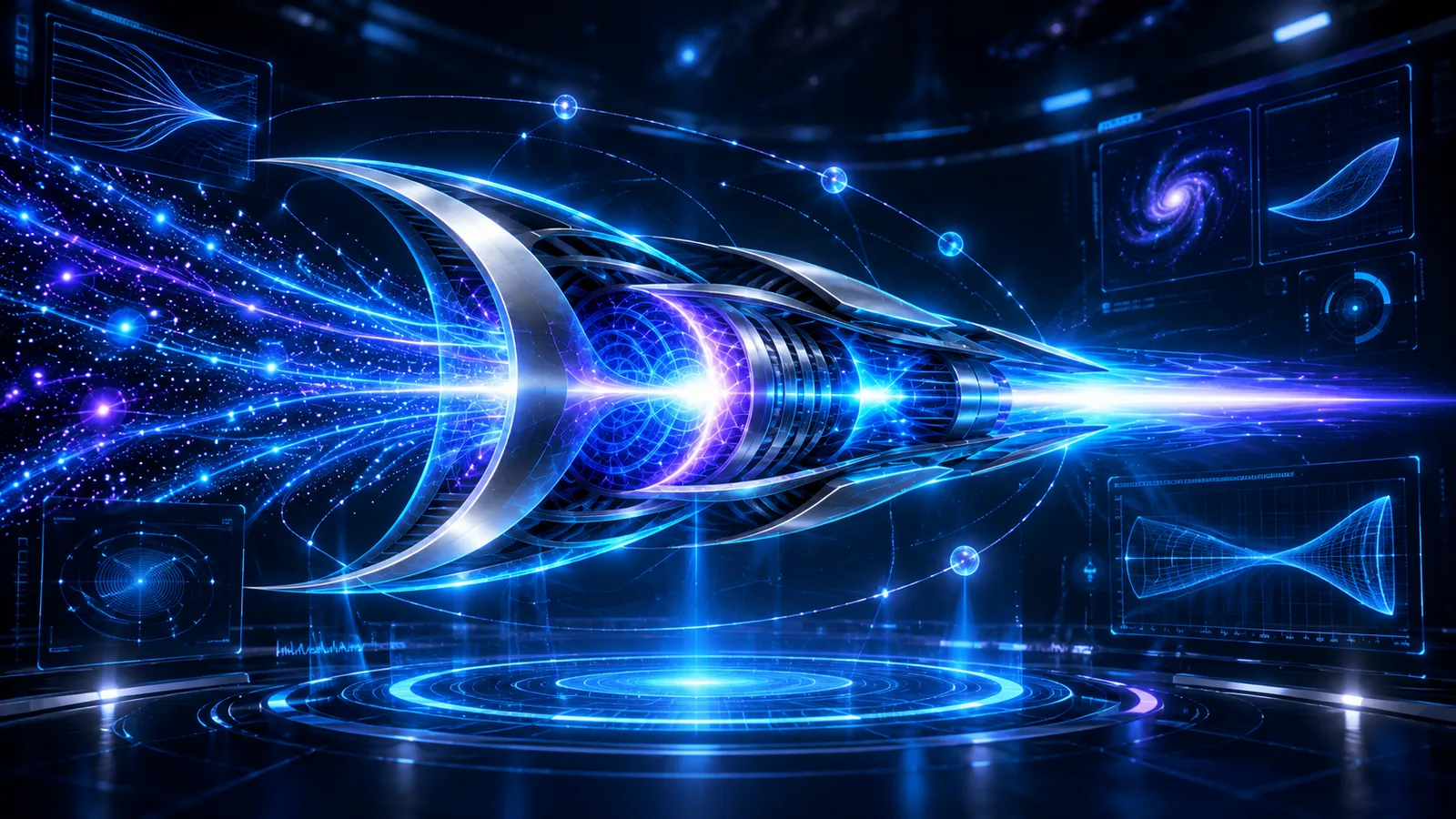 Futuristic holographic illustration of a ramjet engine surrounded by flow curves and instrument-style displays.