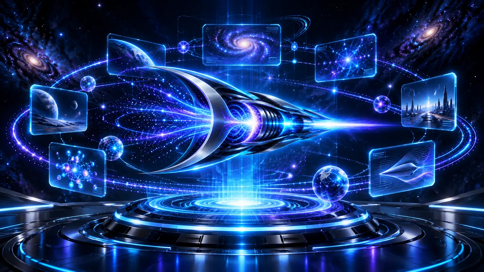 A holographic ramjet model surrounded by connected research cards, planets and abstract knowledge graphics.